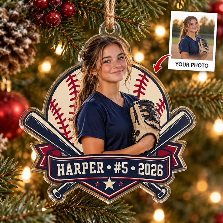 Personalized Softball Photo Acrylic Ornament - Custom Athlete Christmas Keepsake - image 1