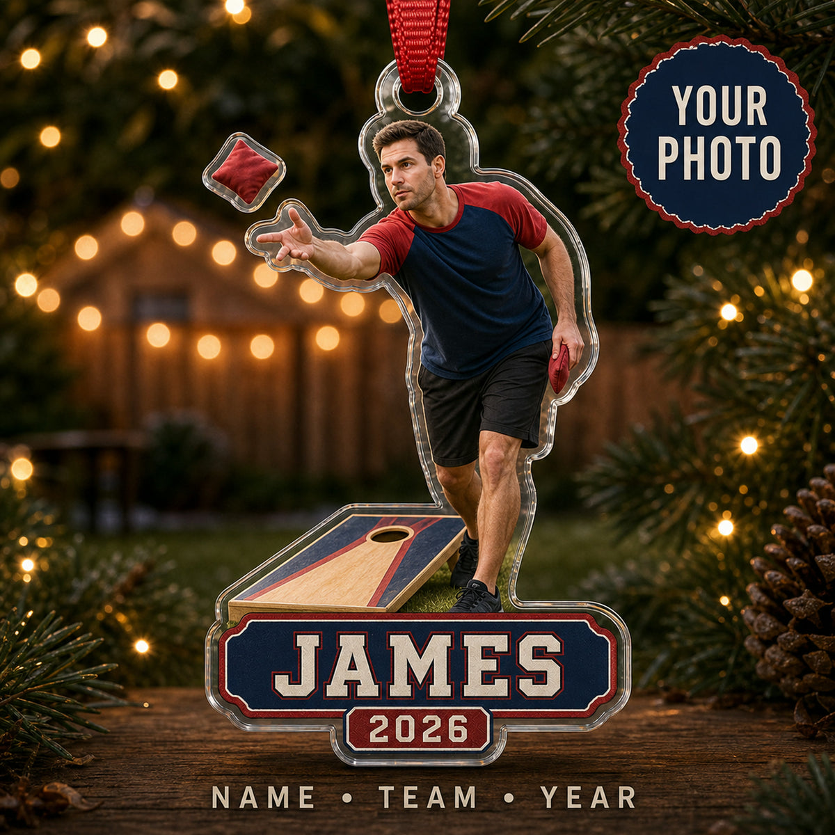 Personalized Cornhole Photo Acrylic Ornament - Custom Athlete Christmas Keepsake - image 1