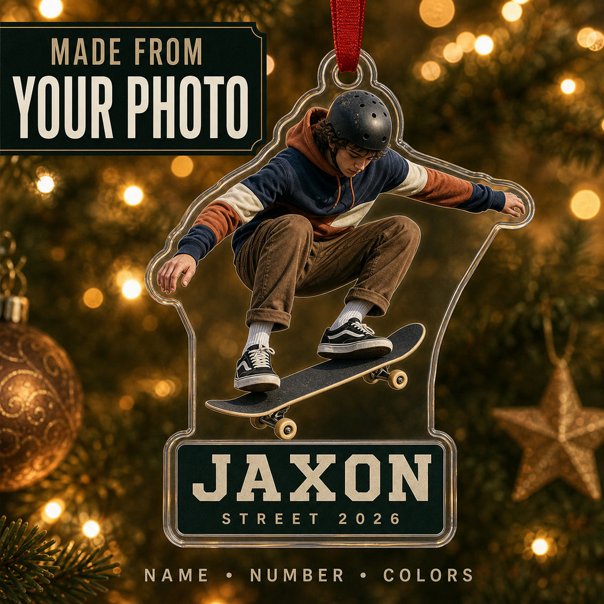Personalized Skateboarding Photo Acrylic Ornament - Custom Athlete Christmas Keepsake - image 1
