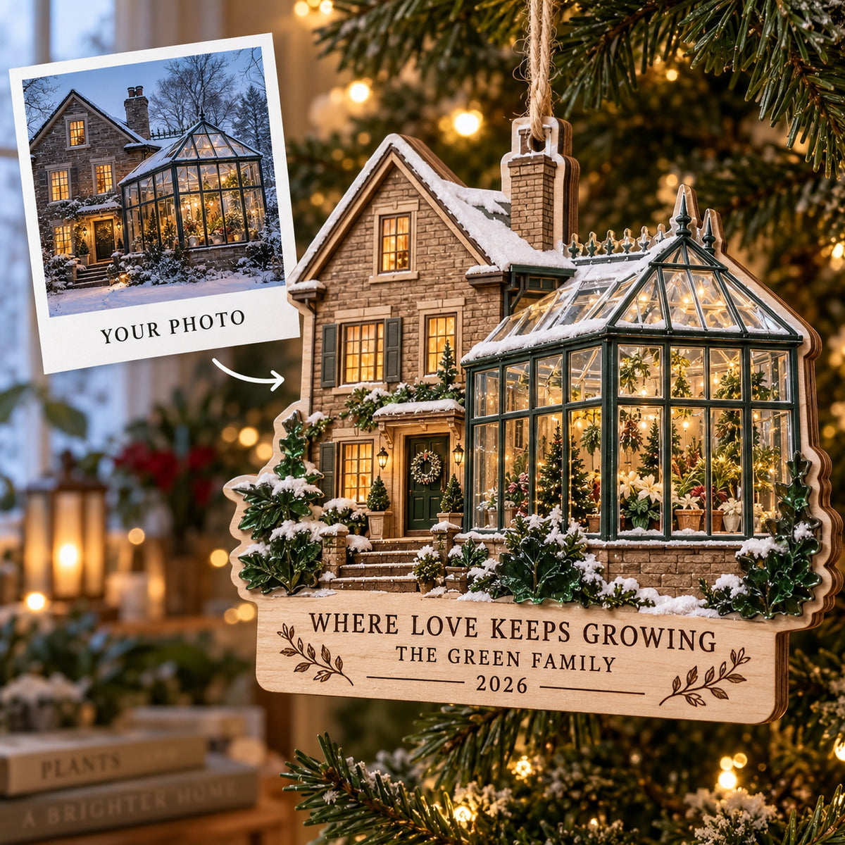 Personalized Christmas Glasshouse Wood Ornament - Custom Keepsake - image 1