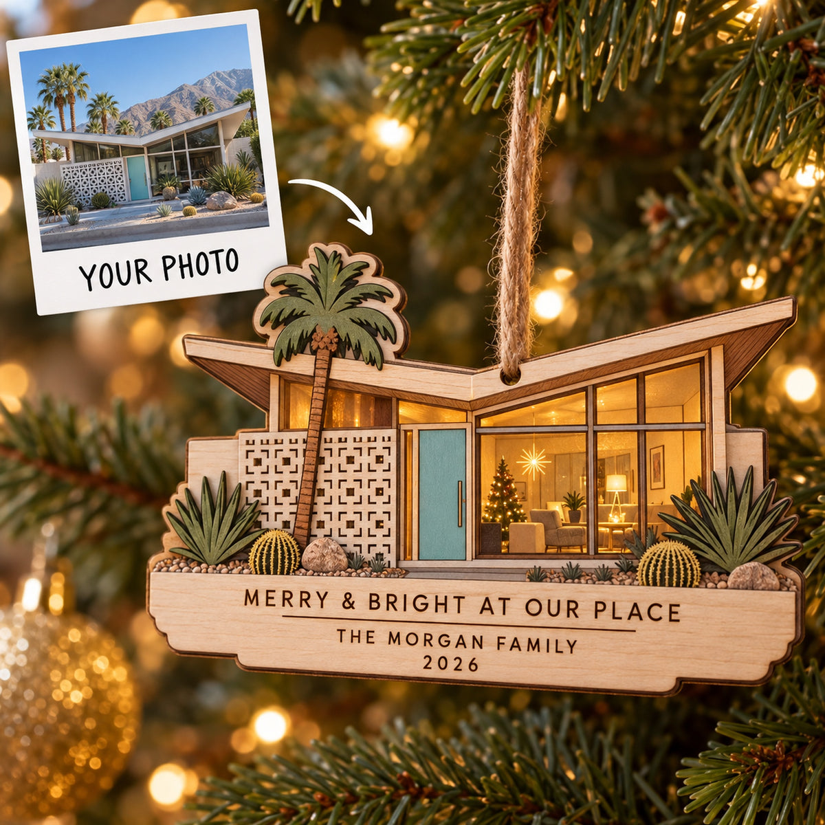 Personalized Mid Century Desert Home Wood Ornament - Custom Keepsake - image 1