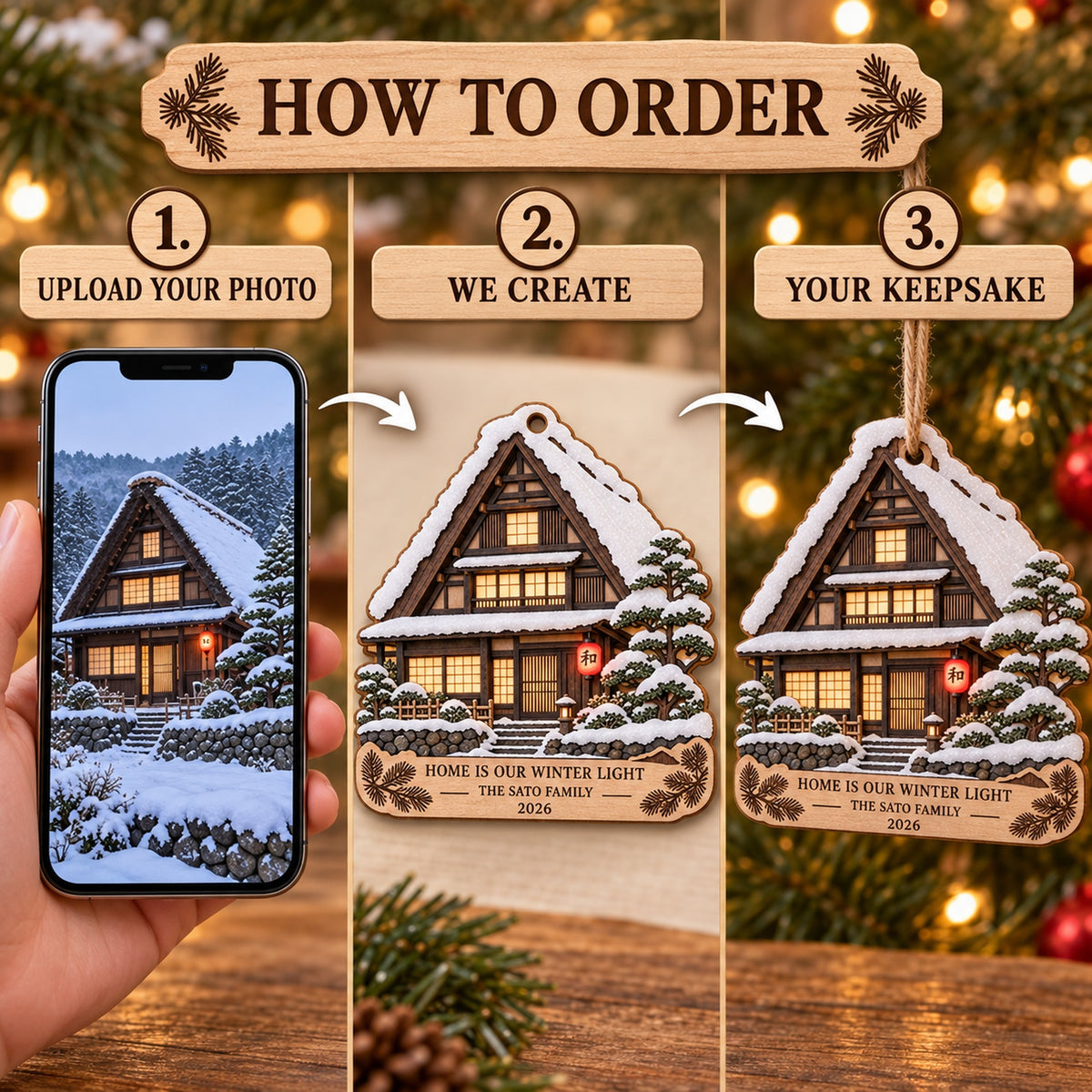 Personalized Japanese Snow Minka Wood Ornament - Custom Keepsake - image 4
