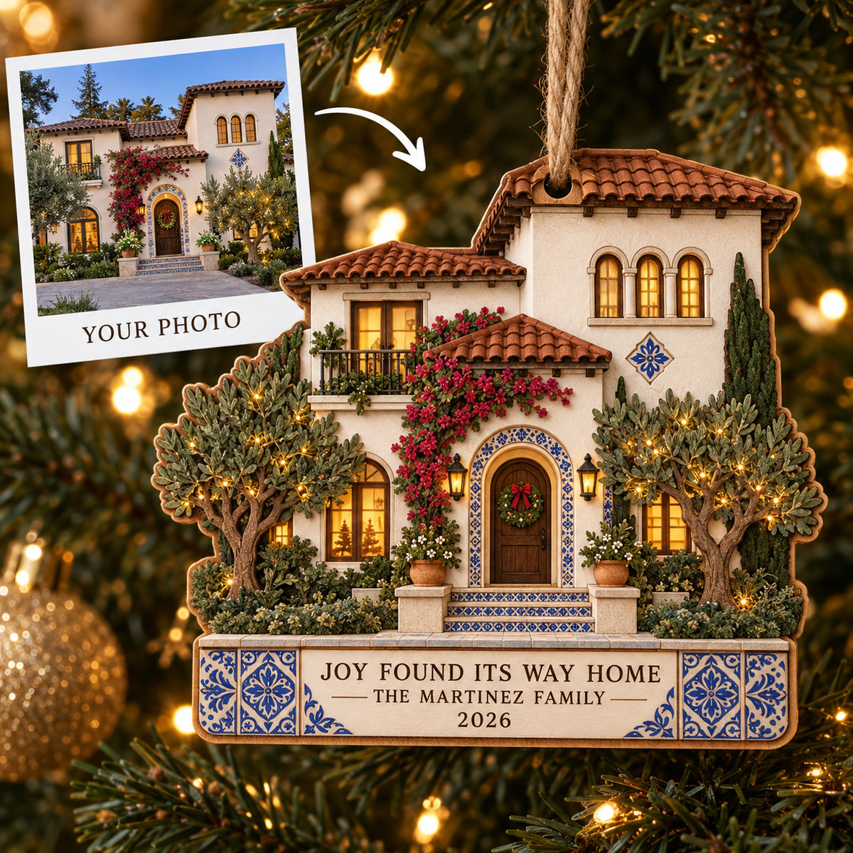 Personalized Mediterranean Villa Christmas Wood Ornament - Custom Keepsake - image 1