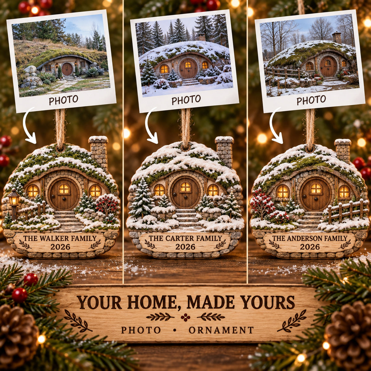 Personalized Earth Sheltered Winter Cottage Wood Ornament - Custom Keepsake - image 2