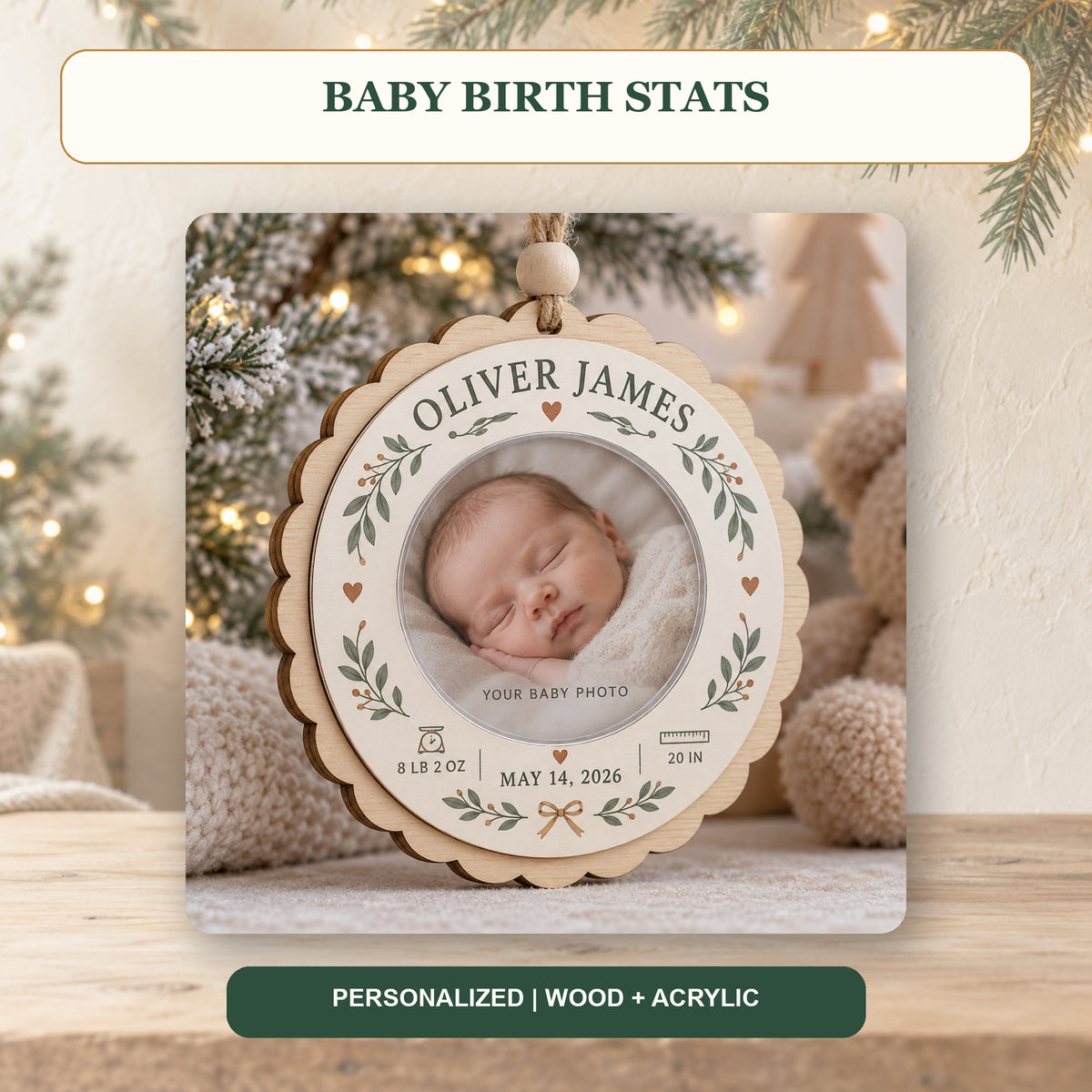 Personalized Baby Birth Stats Wood Ornament - Custom Keepsake - image 2
