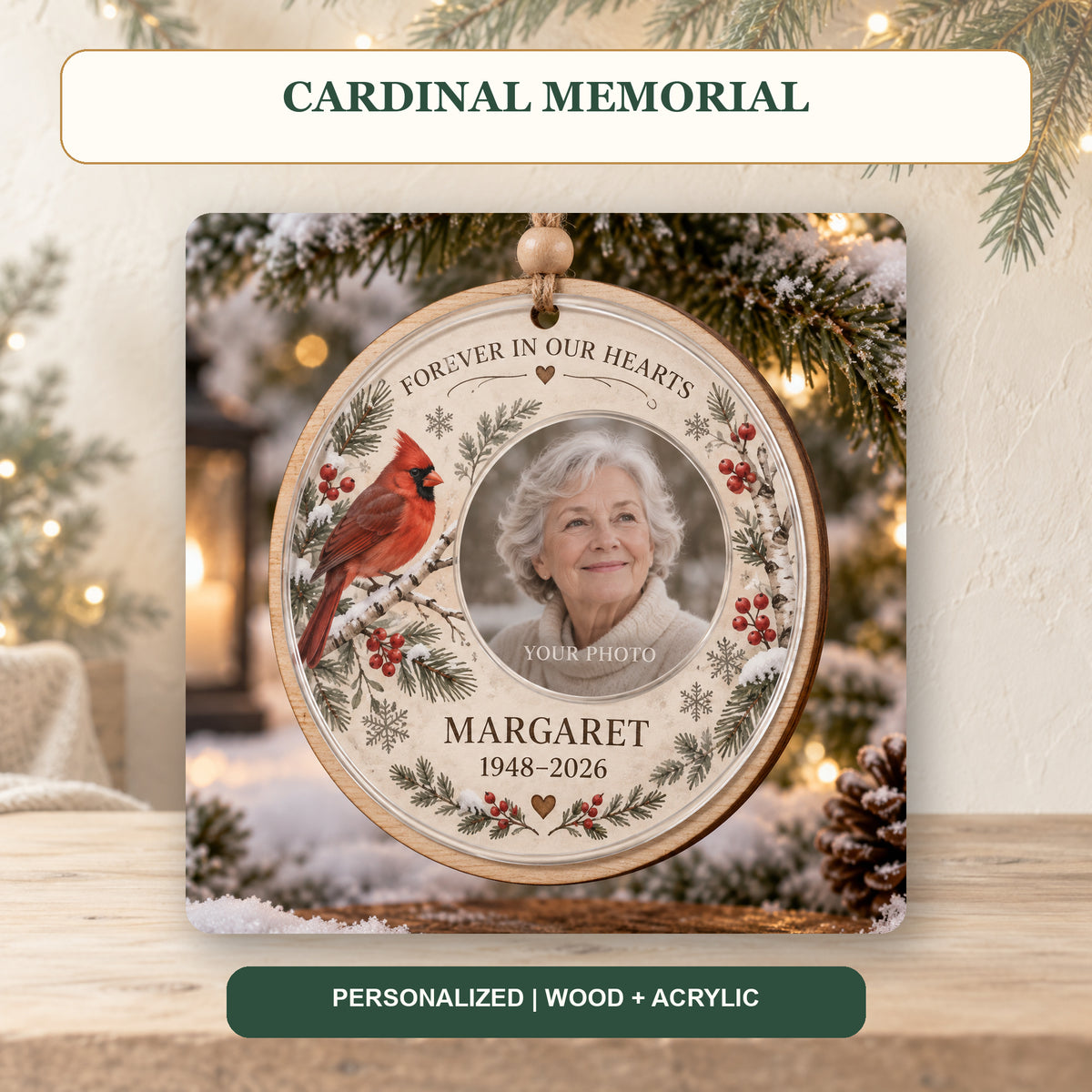 Personalized Cardinal Memorial Wood Ornament - Custom Keepsake - image 2