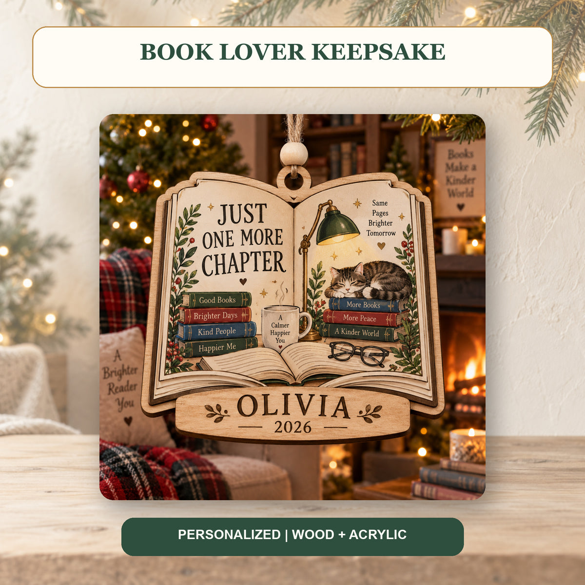 Personalized Book Lover Wood Ornament - Custom Keepsake - image 2