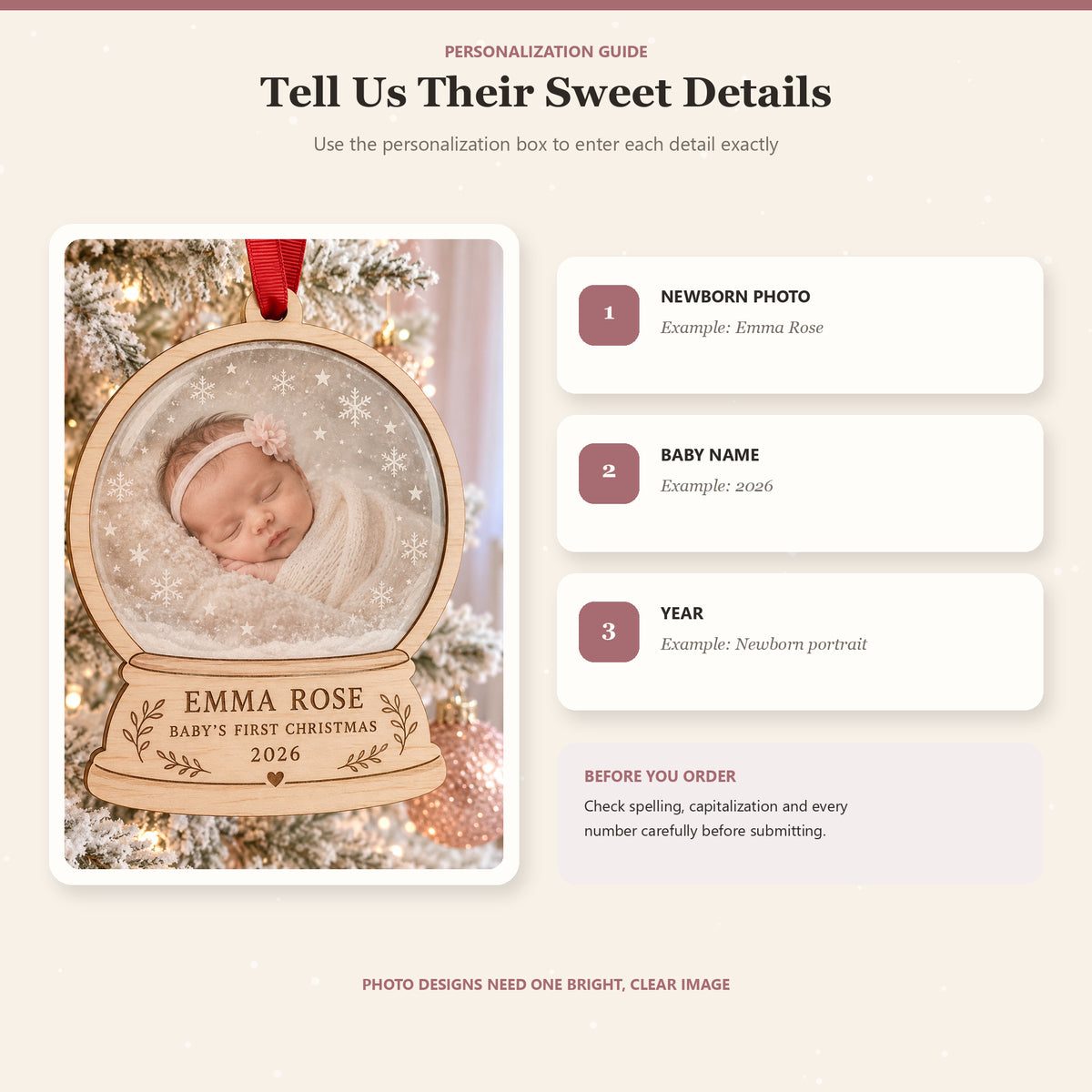 Personalized Newborn Photo Snow Globe Wood Ornament - Custom Keepsake - image 5