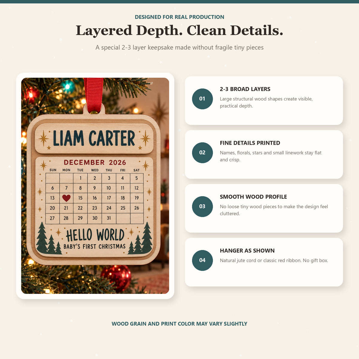 Personalized Birth Date Calendar Wood Ornament - Custom Keepsake - image 4