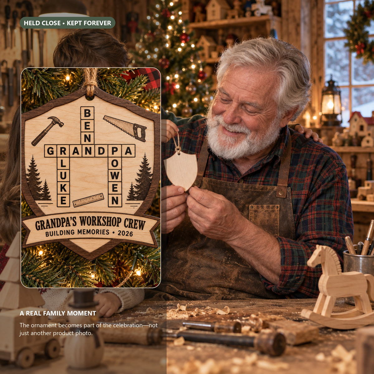 Personalized Grandpas Workshop Crew Wood Ornament - Custom Keepsake - image 4