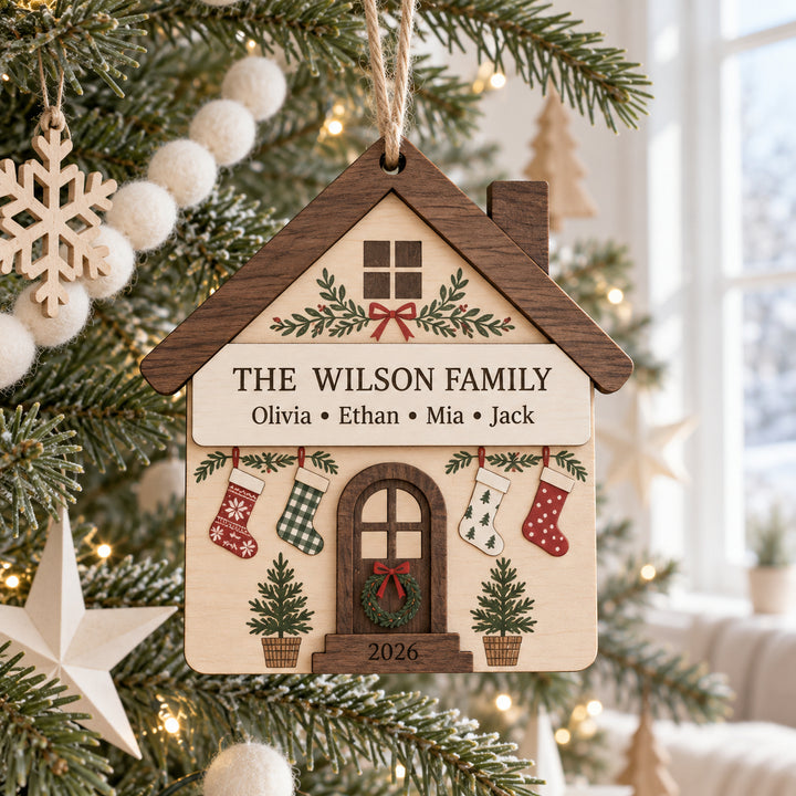 Personalized Family Of Four House Wood Ornament - Custom Keepsake - image 1