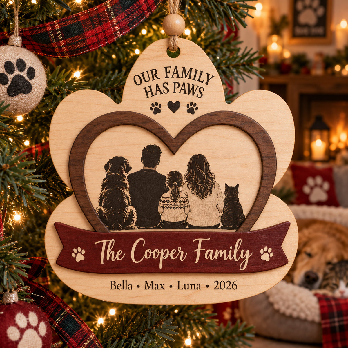 Personalized Family With Pets Wood Ornament - Custom Keepsake - image 1