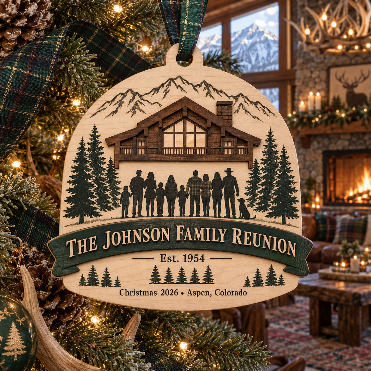 Personalized Family Reunion Lodge Wood Ornament - Custom Keepsake - image 1