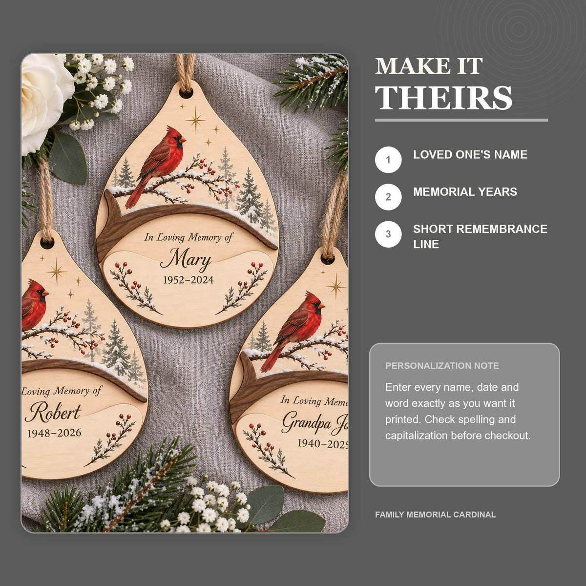 Personalized Family Memorial Cardinal Wood Ornament - Custom Keepsake - image 5