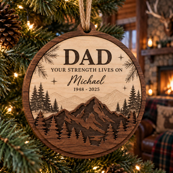 Personalized Loss Of Dad Mountain Forest Wood Ornament - Custom Keepsake - image 1