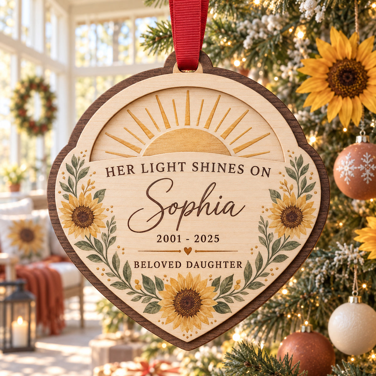 Personalized Daughter Sunflower Memorial Wood Ornament - Custom Keepsake - image 1