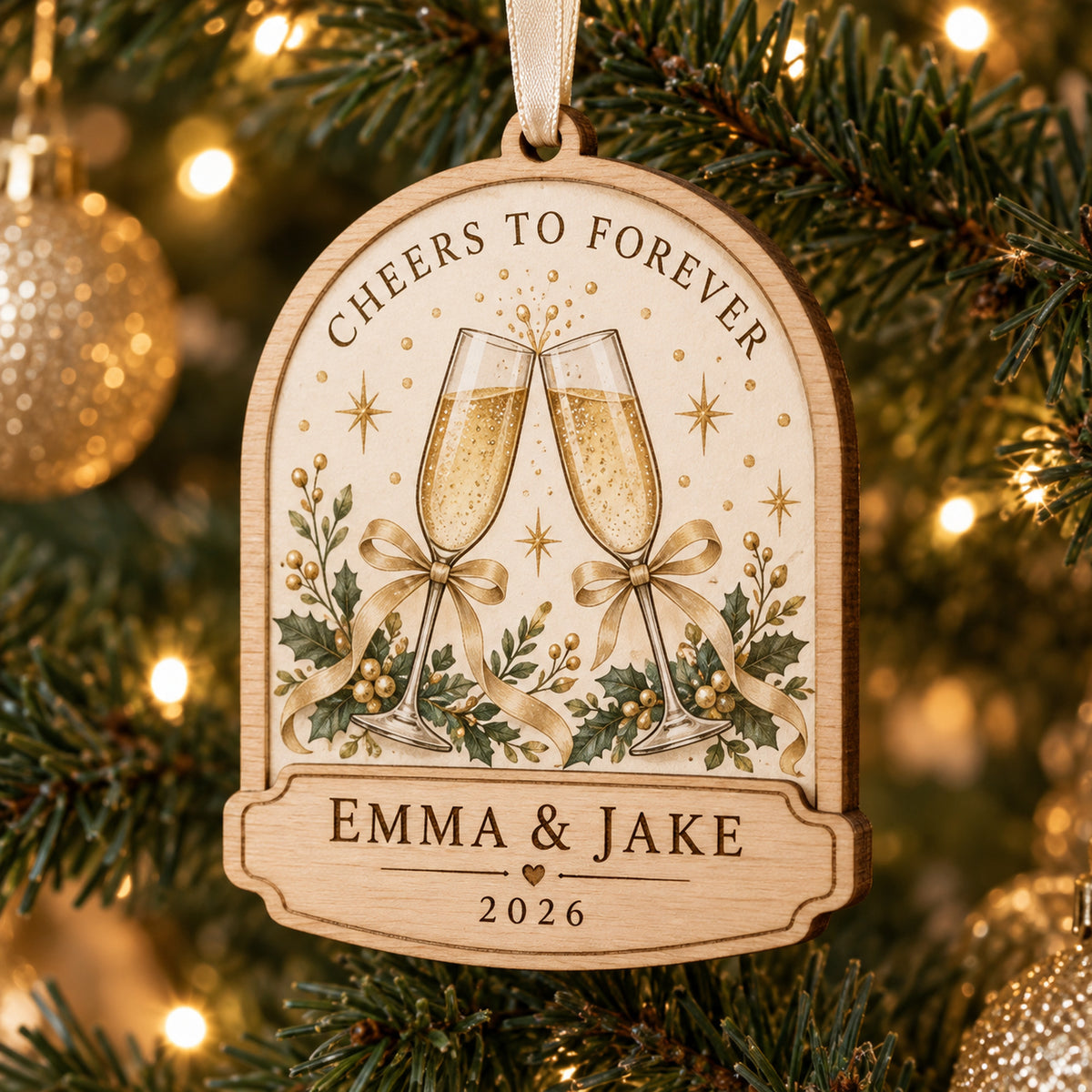 Personalized Champagne Toast Wood Ornament - Custom Keepsake - image 1