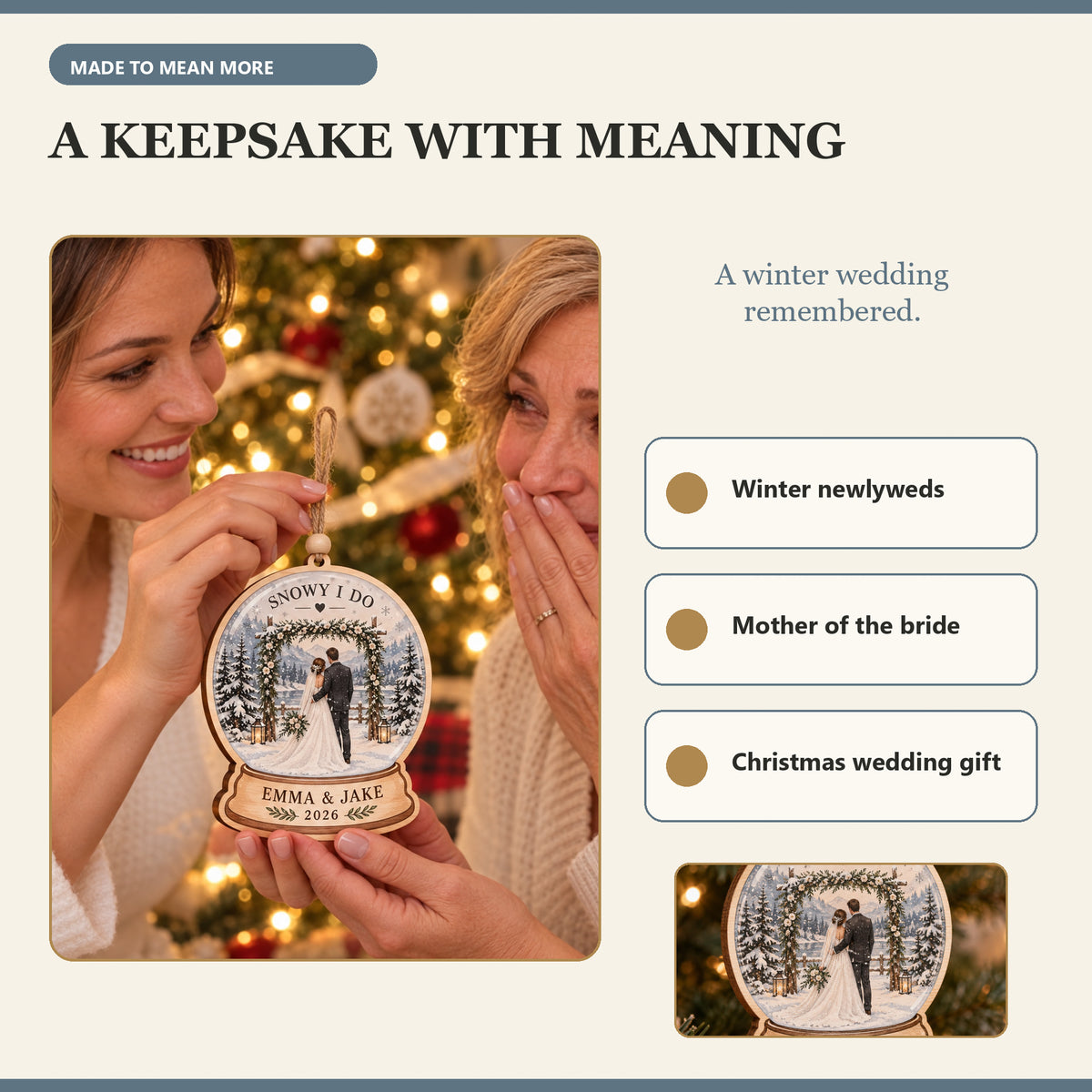 Personalized Snowy Winter Wedding Wood Ornament - Custom Keepsake - image 8