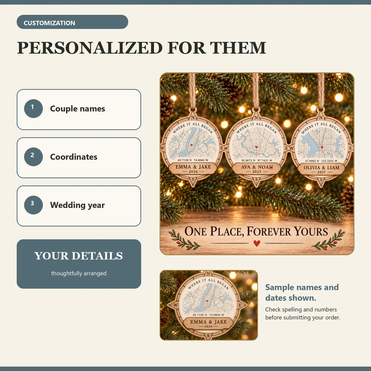 Personalized Wedding Coordinates Wood Ornament - Custom Keepsake - image 5
