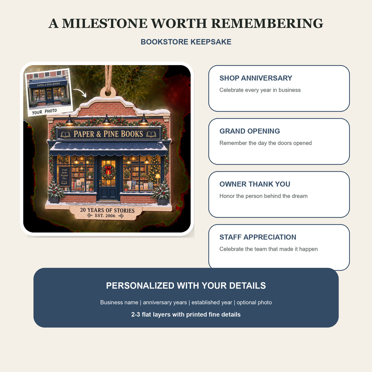 Personalized Bookstore Anniversary Wood Ornament - Custom Keepsake - image 8