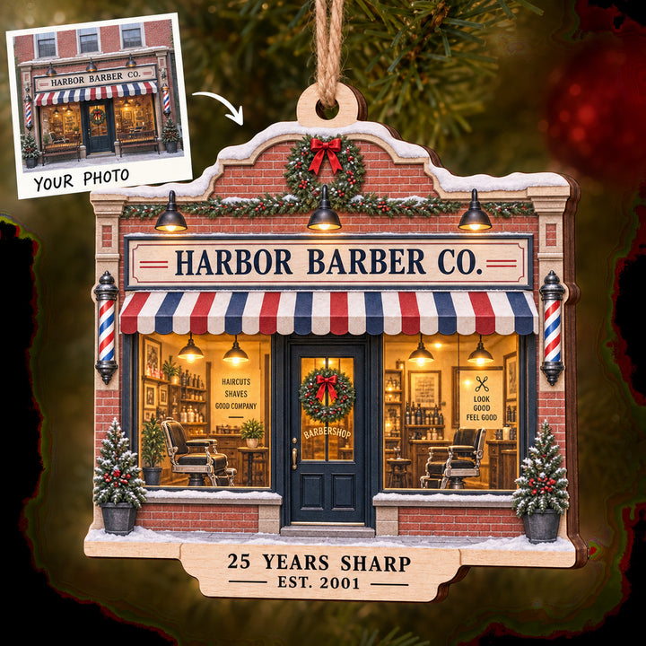 Personalized Barber Shop Anniversary Wood Ornament - Custom Keepsake - image 1