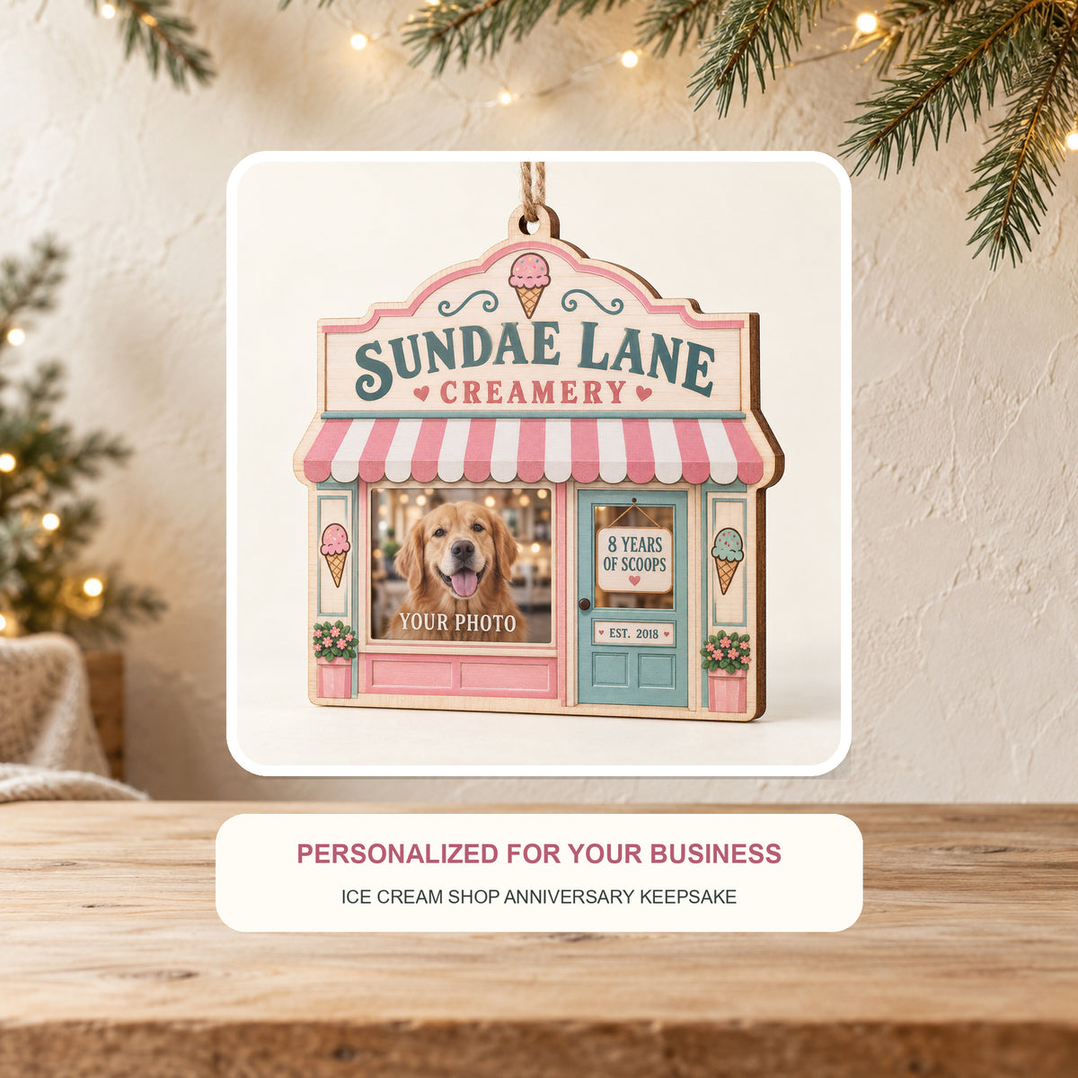Personalized Ice Cream Shop Anniversary Photo Window Wood Ornament - Custom Keepsake - image 2