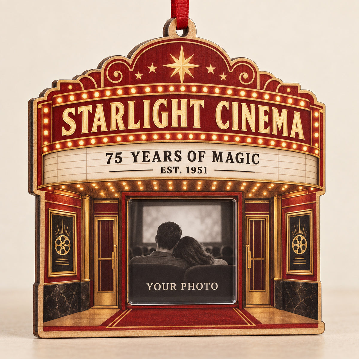 Personalized Movie Theater Anniversary Photo Window Wood Ornament - Custom Keepsake - image 1