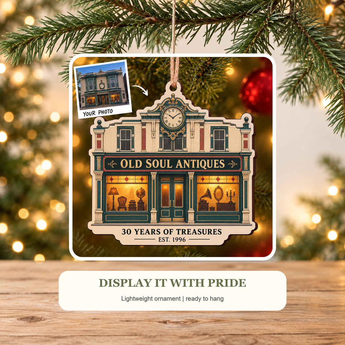 Personalized Antique Shop Anniversary Wood Ornament - Custom Keepsake - image 6