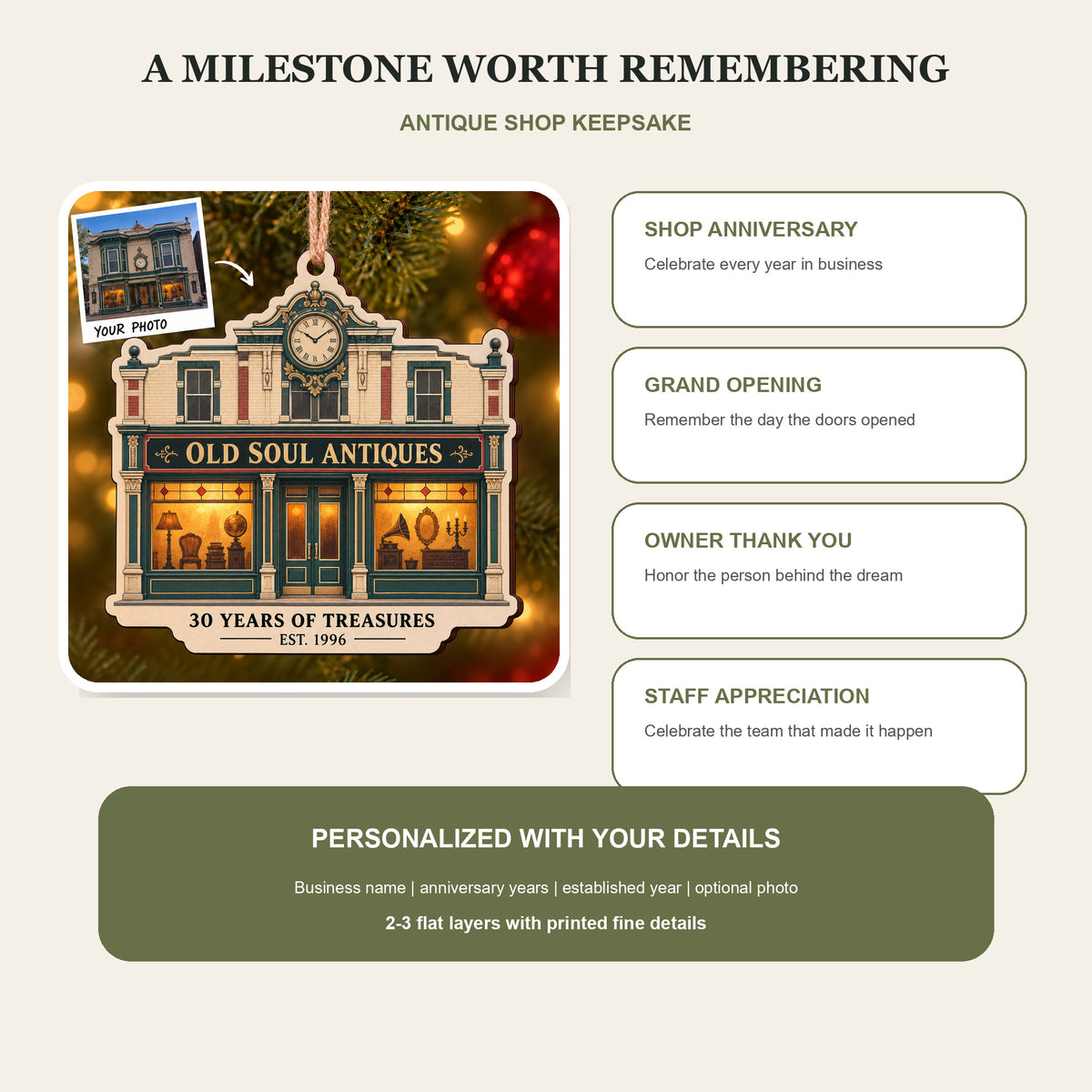 Personalized Antique Shop Anniversary Wood Ornament - Custom Keepsake - image 8