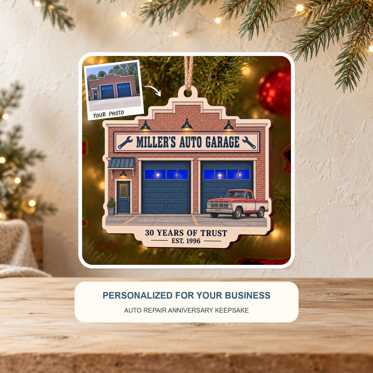 Personalized Auto Repair Anniversary Storefront Wood Ornament - Custom Keepsake - image 2