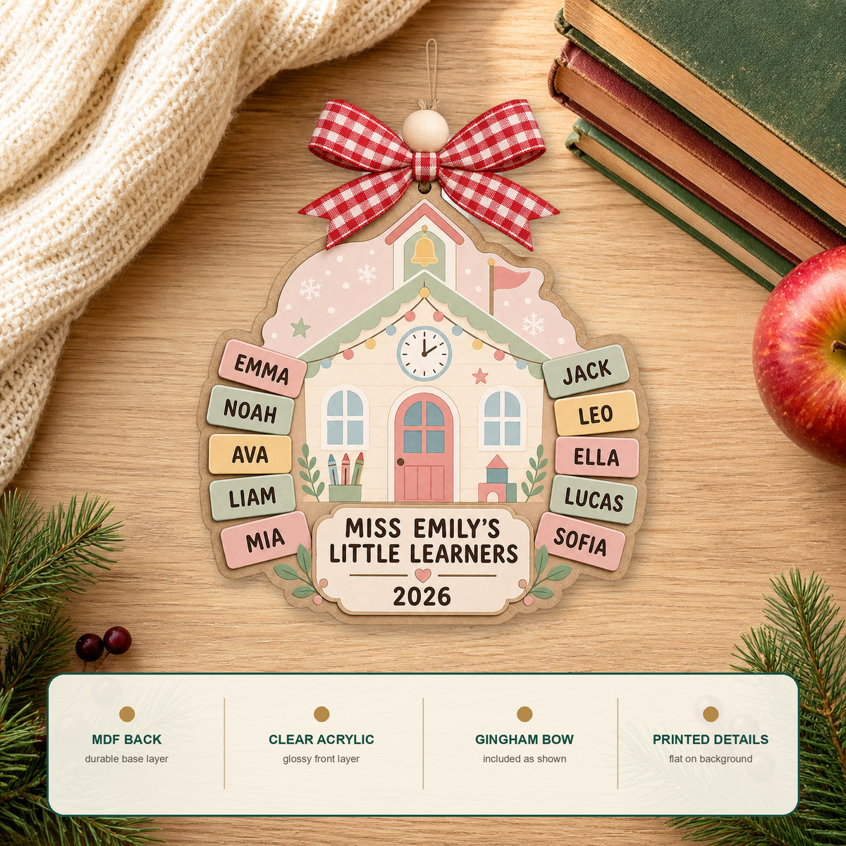 Personalized Schoolhouse Pastel Preschool Acrylic Ornament - Custom Names Keepsake - image 6