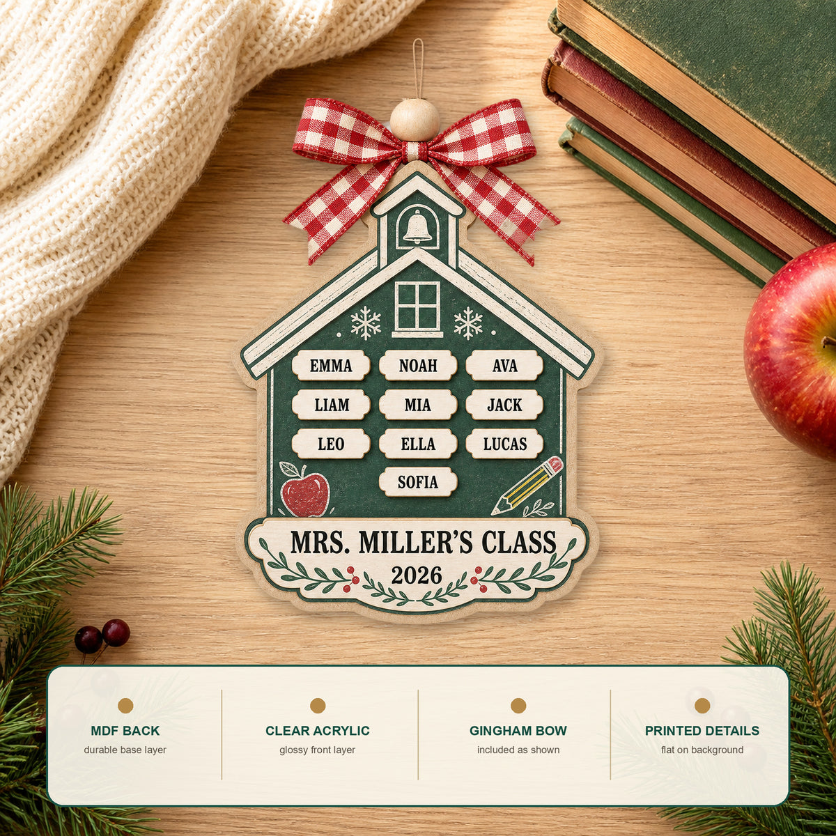 Personalized Schoolhouse Chalkboard Farmhouse Acrylic Ornament - Custom Names Keepsake - image 6