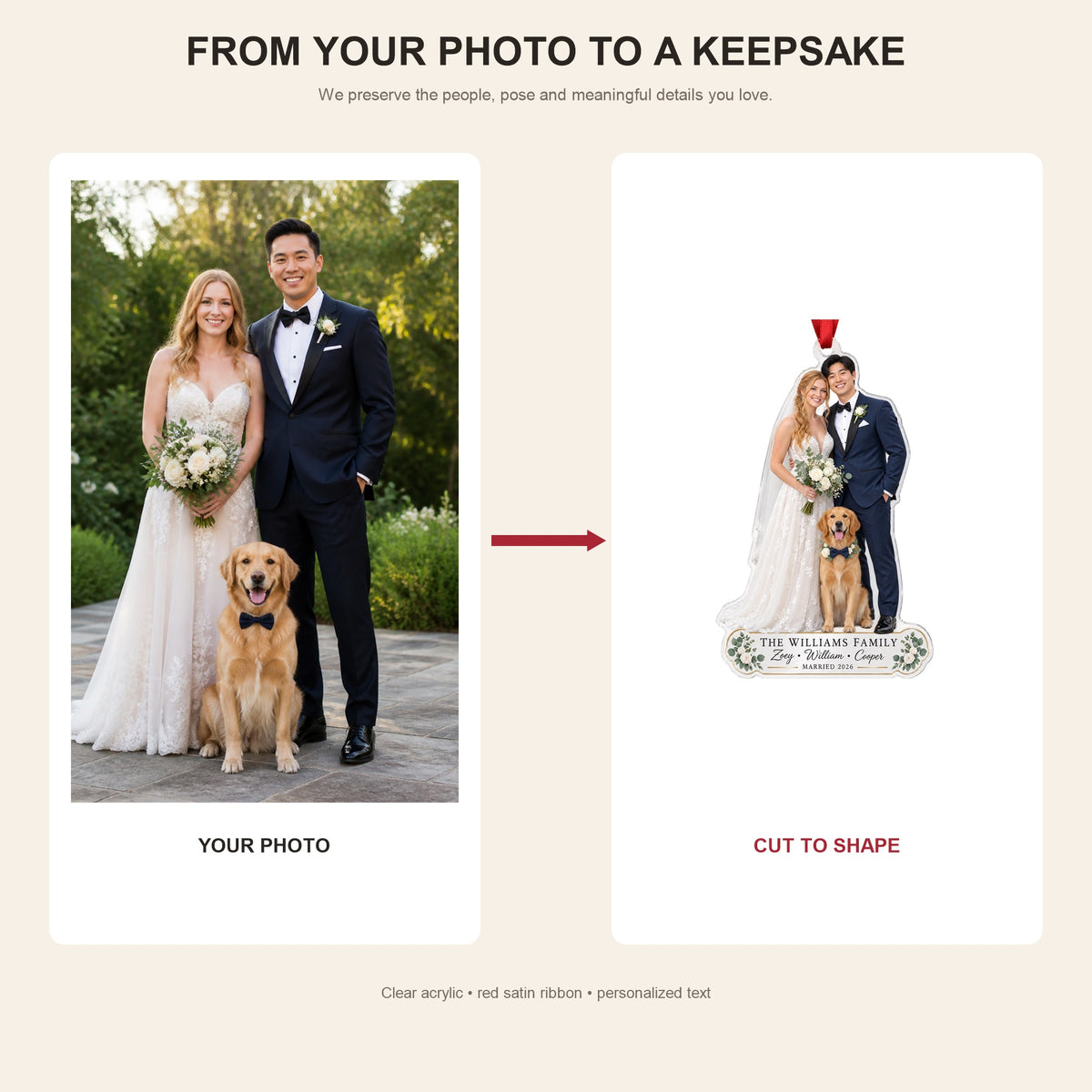 Personalized Bride Groom With Pet Photo Acrylic Ornament - Custom Couple Keepsake - image 3