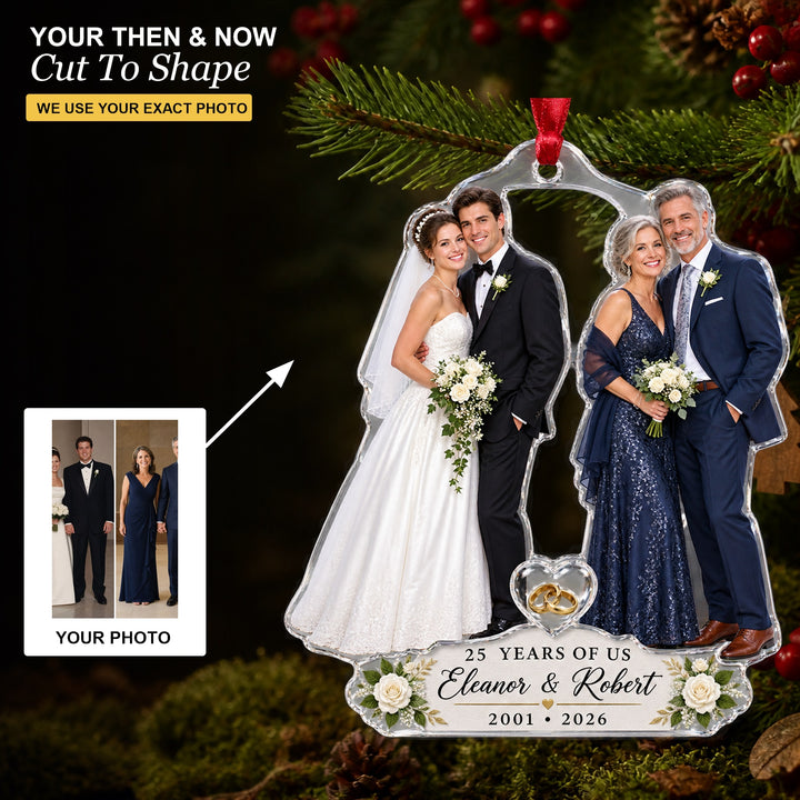 Personalized Anniversary Then Now Photo Acrylic Ornament - Custom Couple Keepsake - image 1