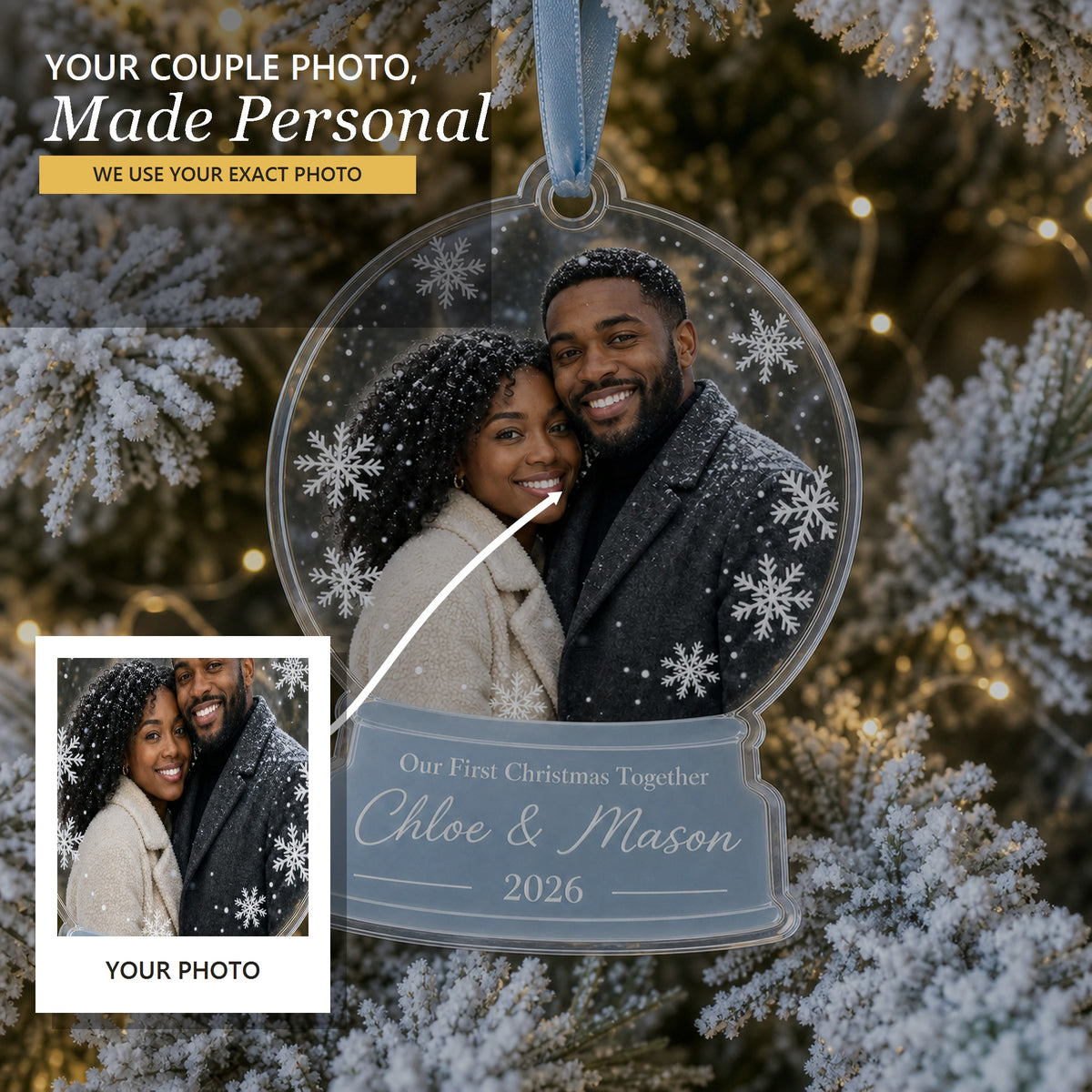 Personalized Snow Globe Couple Photo Acrylic Ornament - Custom Couple Keepsake - image 1