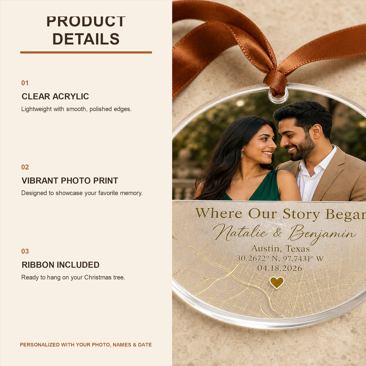 Personalized Love Map Coordinates Photo Acrylic Ornament - Custom Couple Keepsake - image 6