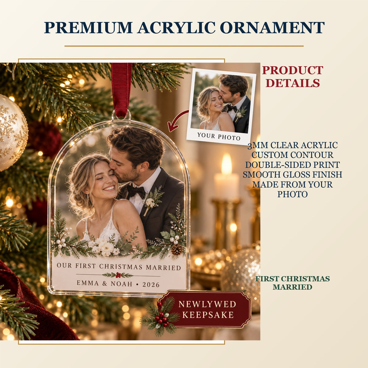 Personalized First Christmas Married Acrylic Ornament - Custom Photo Keepsake - image 2