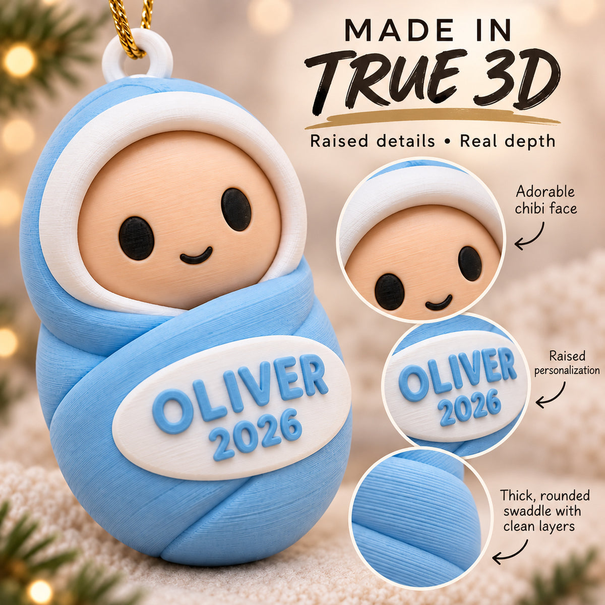 Personalized Swaddled Chibi Baby 3D Ornament - Custom Christmas Keepsake - image 4