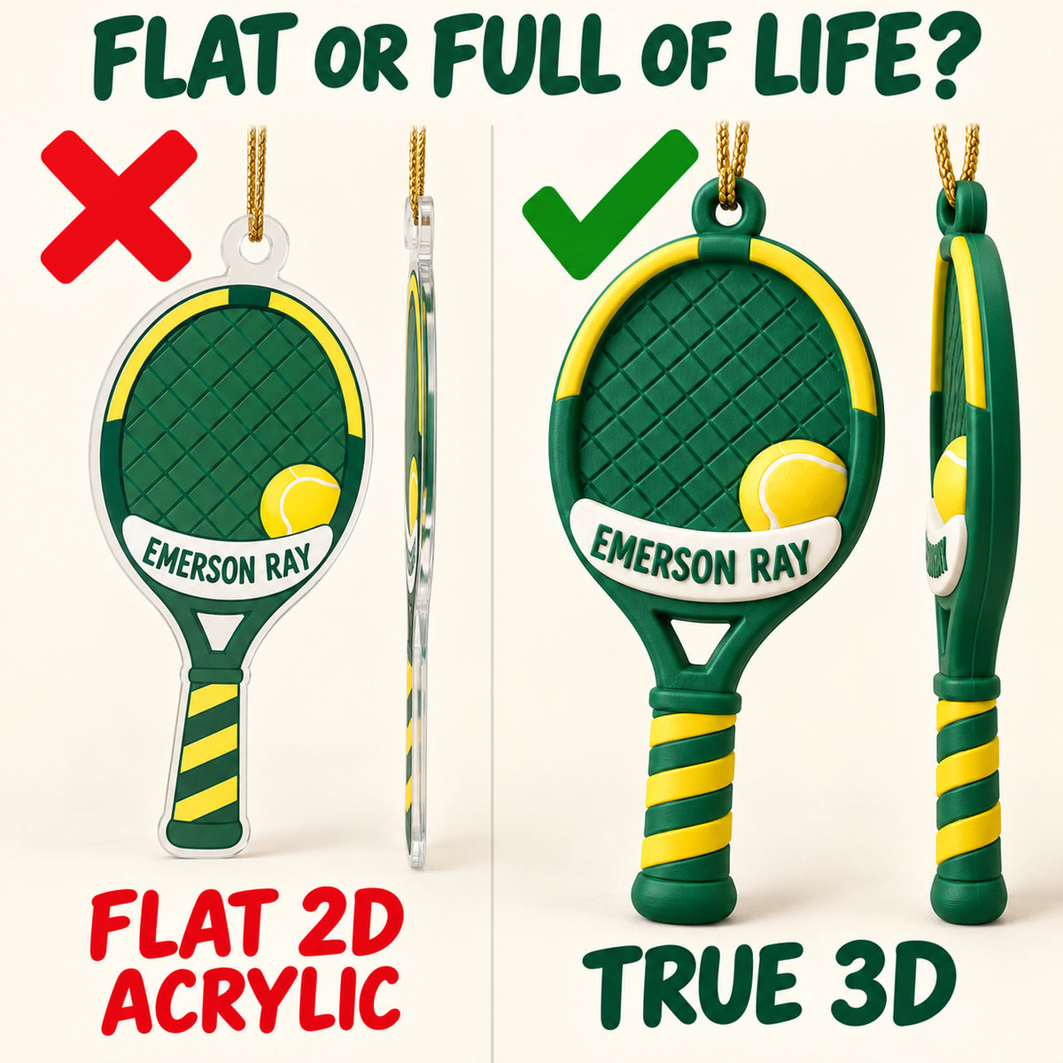 Personalized Tennis Racket 3D Ornament - Custom Christmas Keepsake - image 3