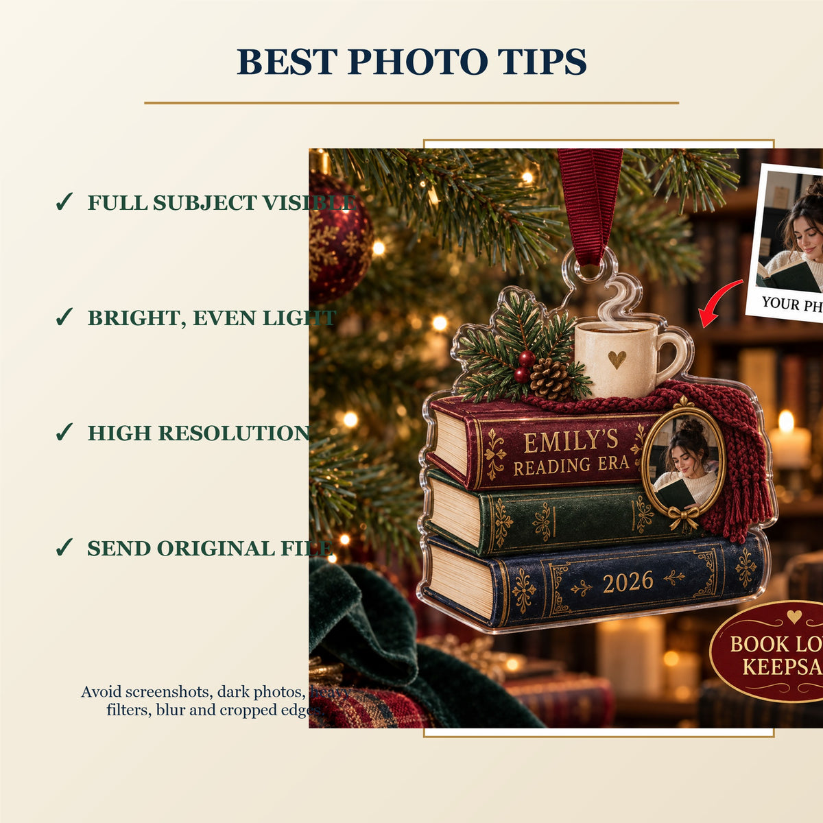 Personalized Book Lover Acrylic Ornament - Custom Photo Keepsake - image 6