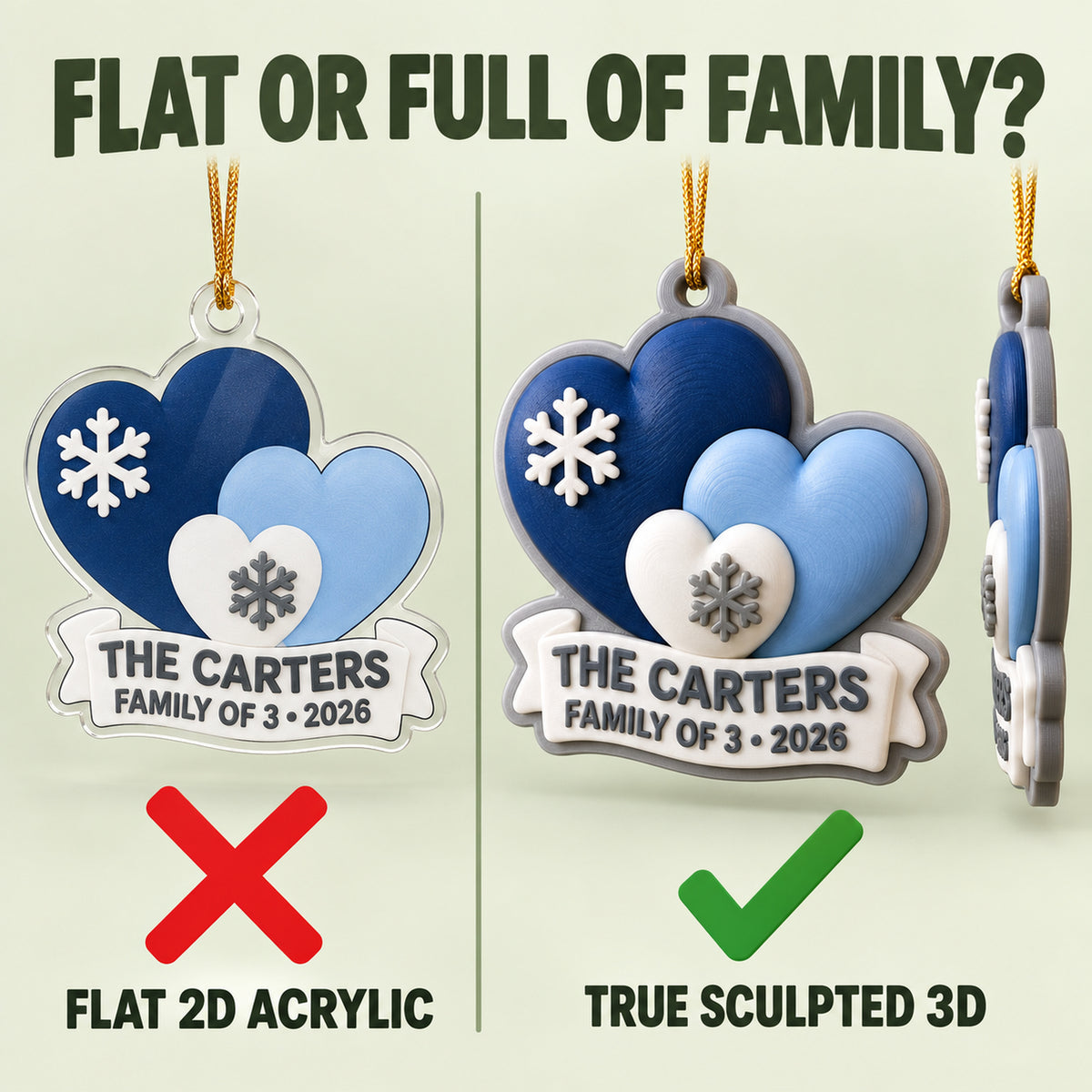 Personalized Family Three Hearts 3D Ornament - Custom Christmas Keepsake - image 3
