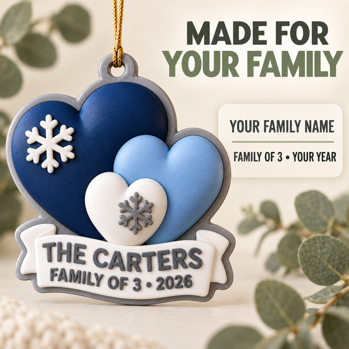 Personalized Family Three Hearts 3D Ornament - Custom Christmas Keepsake - image 7