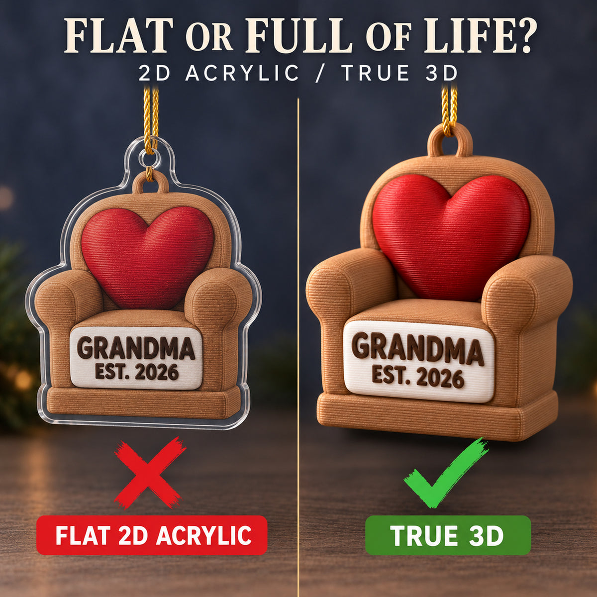 Personalized New Grandparent Chair Heart 3D Ornament - Custom Christmas Keepsake - image 3