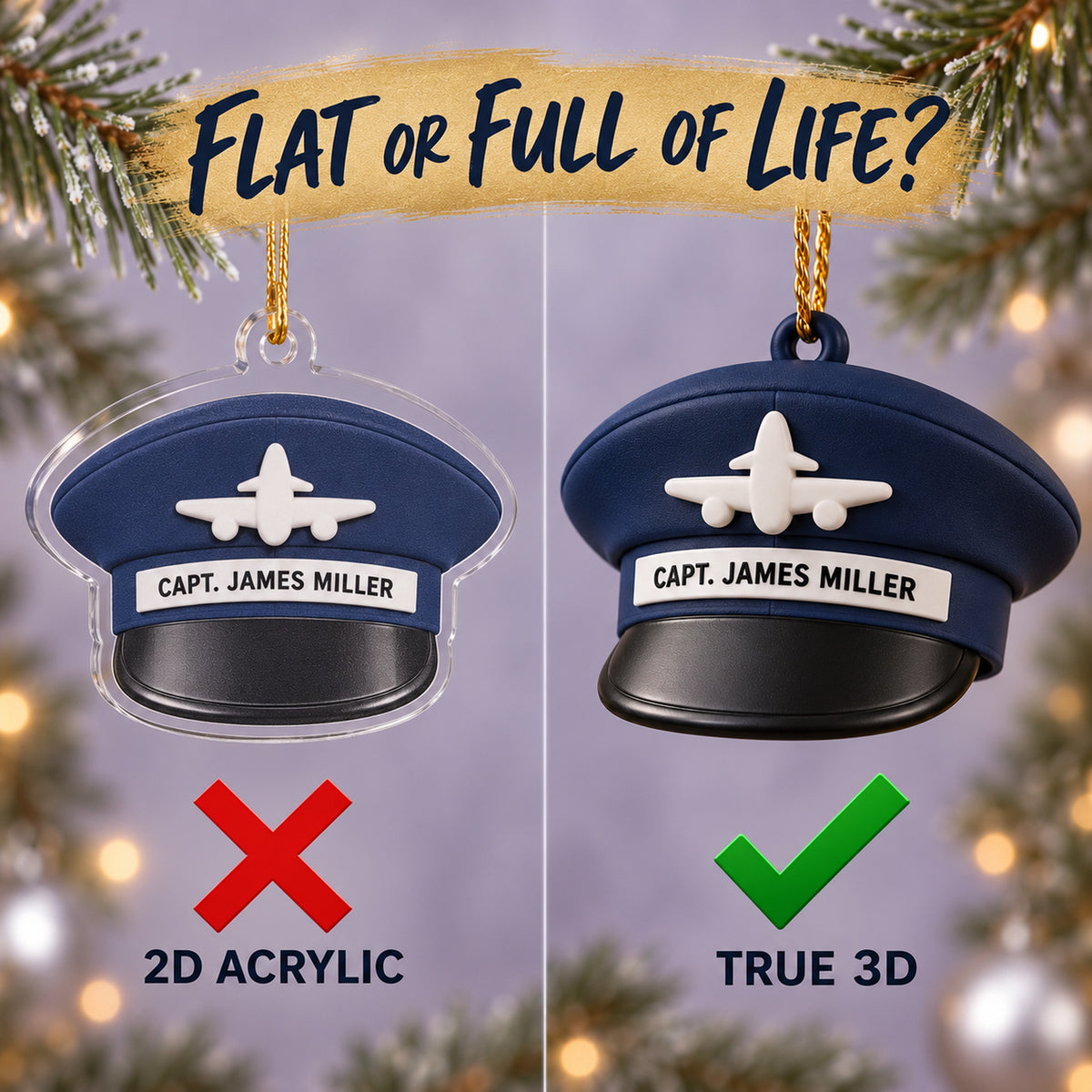 Personalized Pilot Hat Airplane 3D Ornament - Custom Christmas Keepsake - image 3