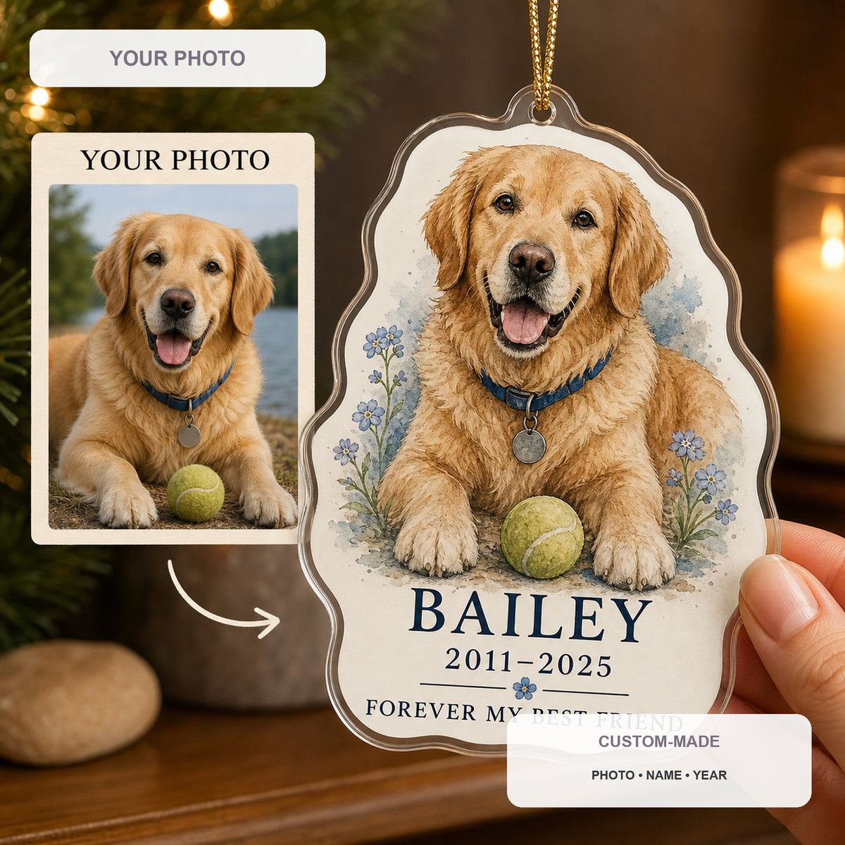 Personalized Collar and Favorite Toy Pet Memorial Photo Acrylic Ornament - Custom Pet Keepsake - image 1