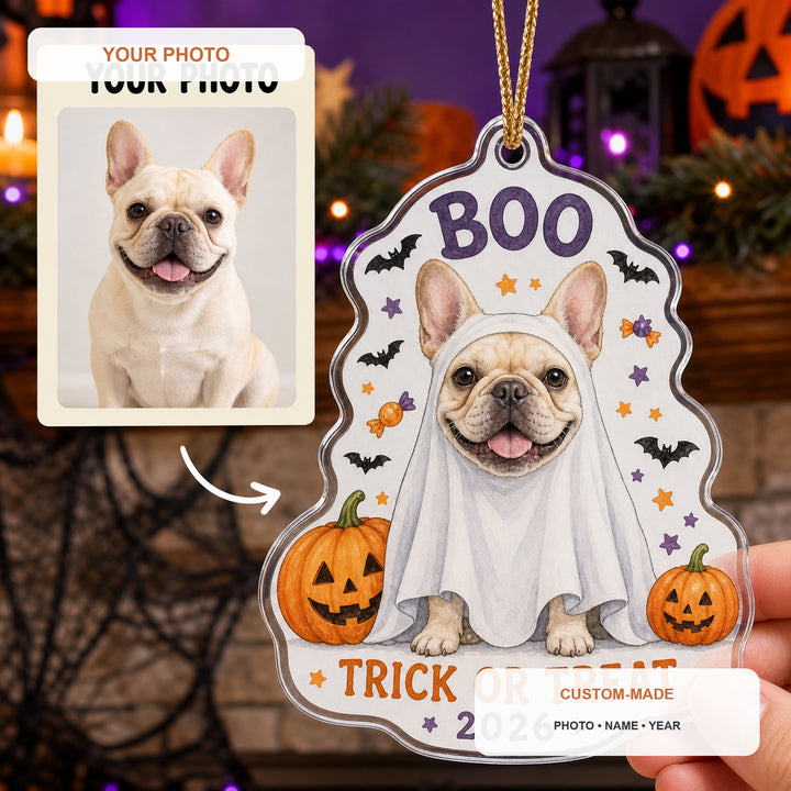 Personalized Halloween Ghost Dog Photo Acrylic Ornament - Custom Pet Keepsake - image 1