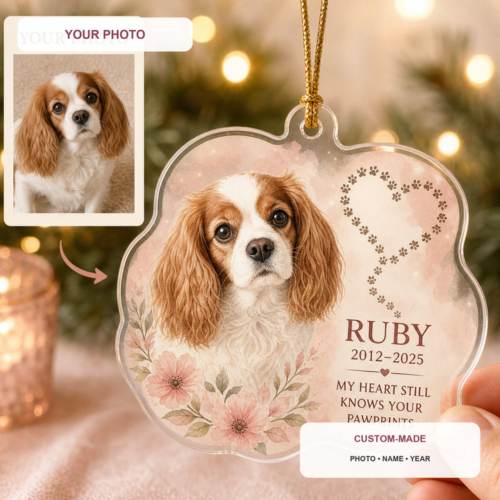 Personalized Heart Pawprints Pet Memorial Photo Acrylic Ornament - Custom Pet Keepsake - image 1