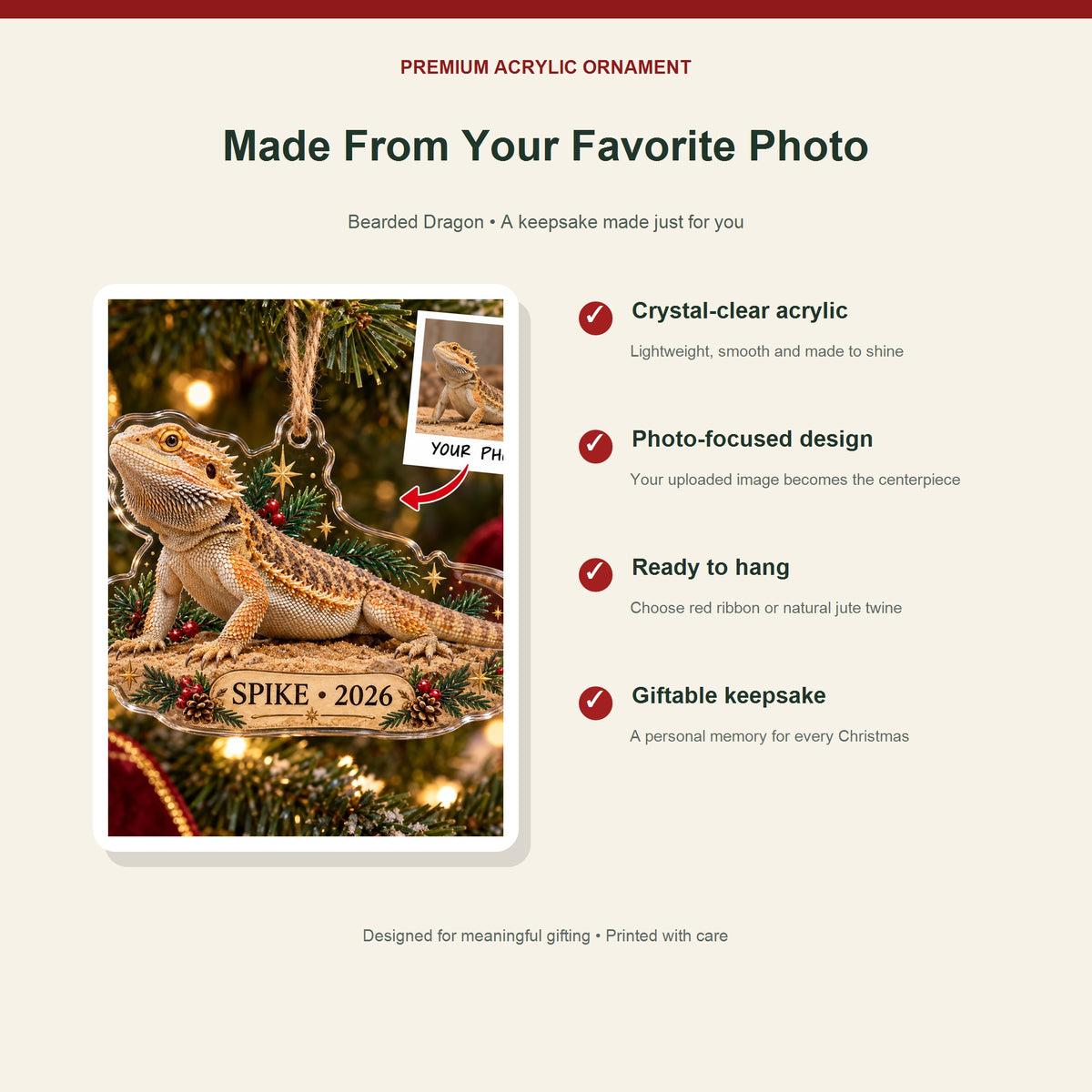 Personalized Bearded Dragon Photo Acrylic Ornament - Custom Christmas Keepsake - image 2