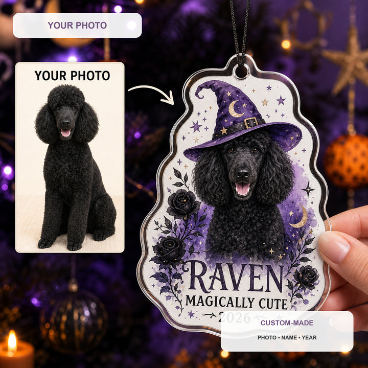 Personalized Witch Hat Dog Photo Acrylic Ornament - Custom Pet Keepsake - image 1