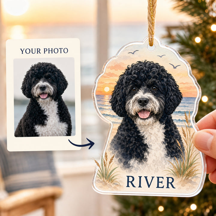Personalized Beach Sunset Dog Photo Acrylic Ornament - Custom Pet Keepsake - image 1